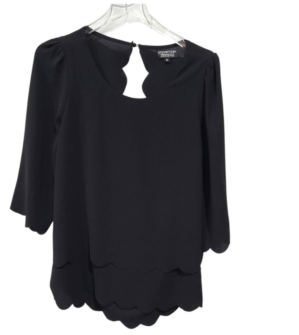 Papermoon SZ M Blouse Top Open Back Lagenlook Crepe Texture Half Sleeves
